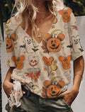 Women's Halloween Print V-Neck Drop Shoulder T-Shirt