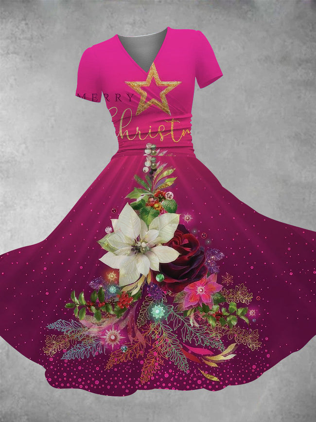 Women's Christmas Flowers Print Maxi Dress