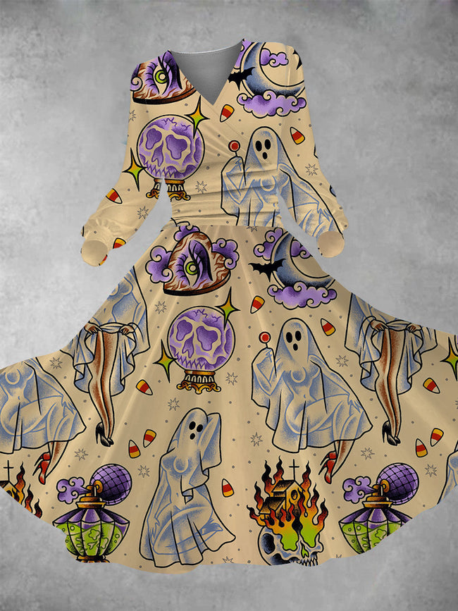 Women's Halloween Ghost Print Long Sleeve Maxi Dress