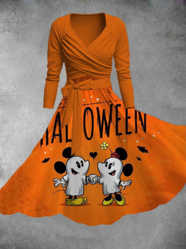 Women's Halloween Cartoon Print Two-Piece Dress