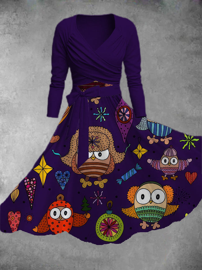 Women's Cartoon Owls Print Two-Piece Dress
