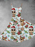 Women's Christmas Cartoon Owl Print Two-Piece Dress