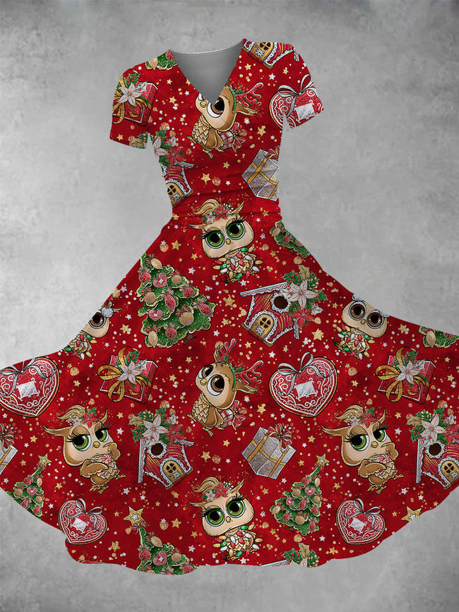 Women's Christmas Cartoon Owl Print Maxi Dress