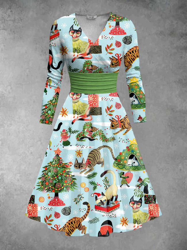 Women's Cat Print Long Sleeve Midi Dress