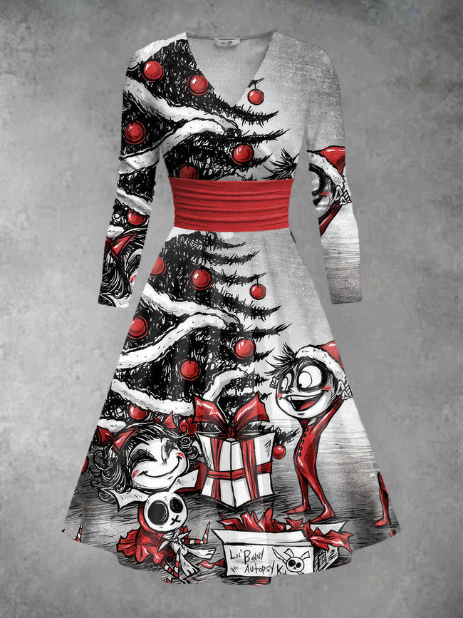 Women's Christmas Print Long Sleeve Midi Dress