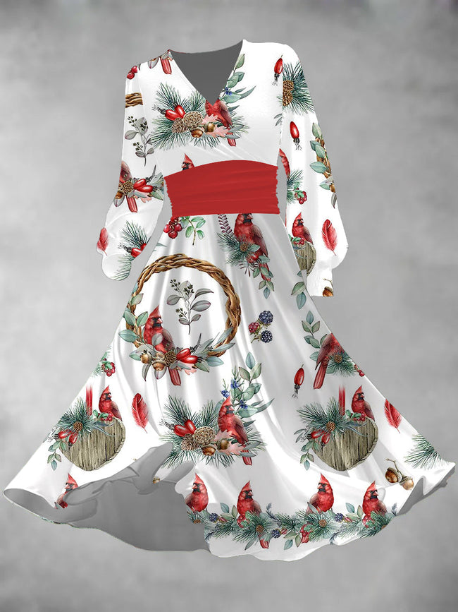 Women's Christmas Wreath Lantern Sleeve Maxi Dress