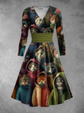 Women's Cool Cat Print Long Sleeve Midi Dress
