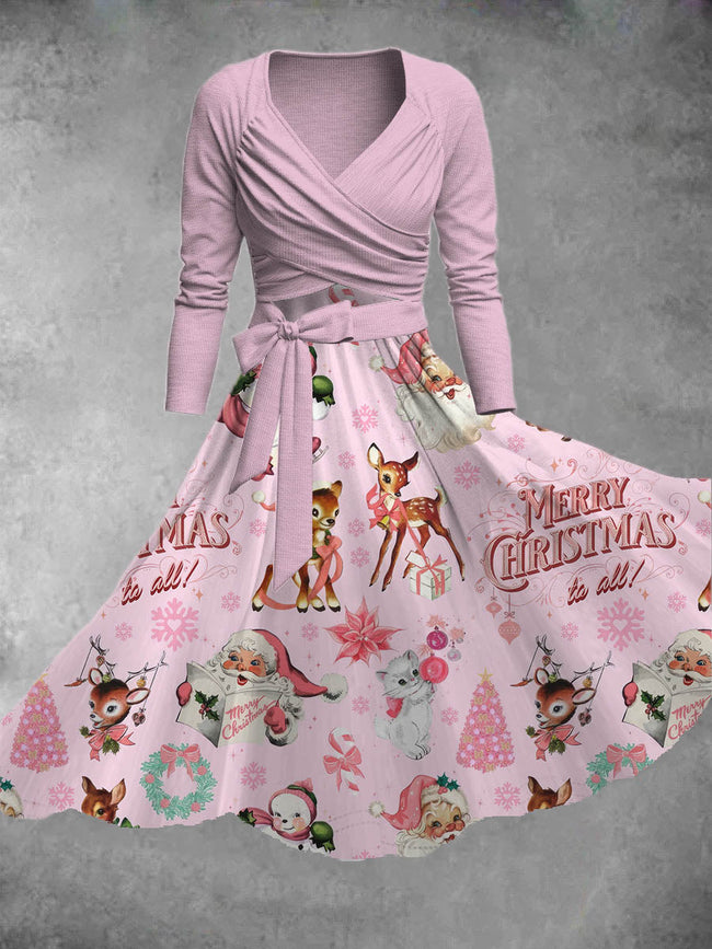 Women's Vintage Christmas Holiday Print Two-Piece Dress