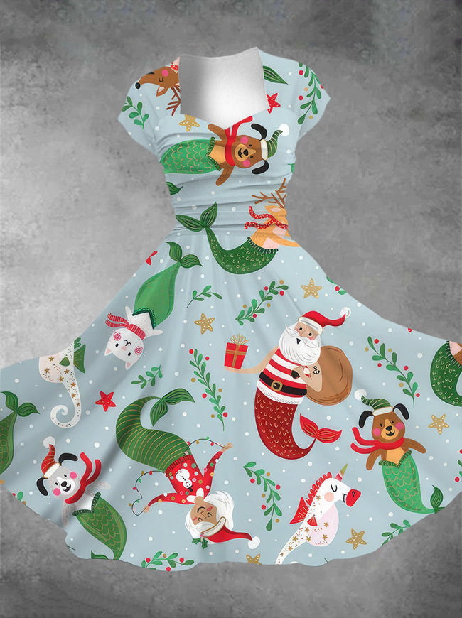 Women's Vintage Christmas Santa Mermaid Print Square Neck Maxi Dress