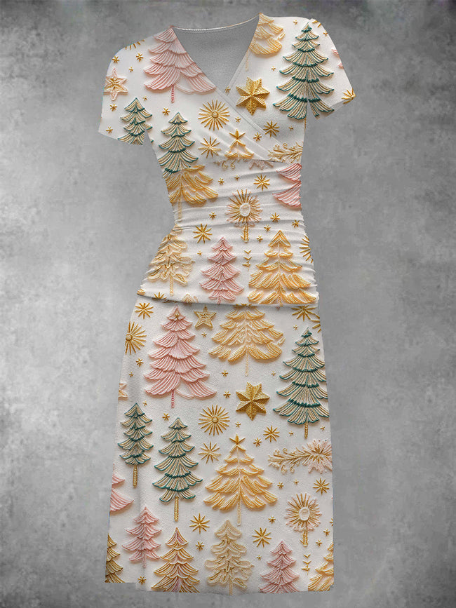 Women's Vintage Christmas Tree Printed Midi Dress