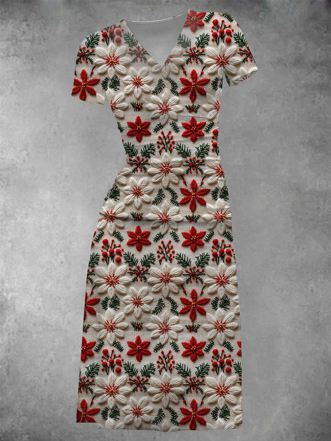 Women's Vintage Christmas Floral Printed Midi Dress