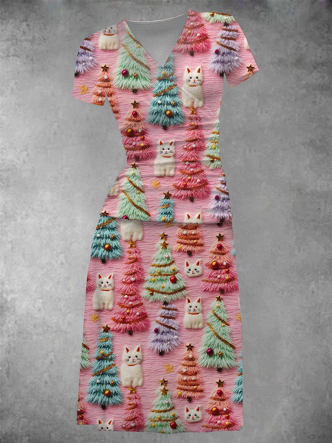 Women's Vintage Christmas Tree and Cat Printed Midi Dress