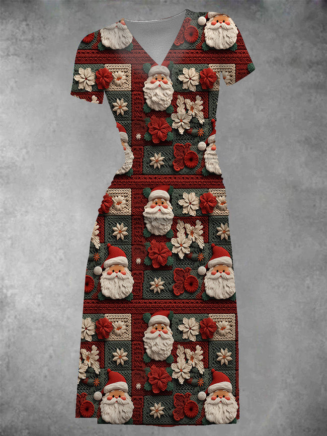 Women's Vintage Christmas Santa  Printed Midi Dress