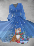 Women's Christmas Cat Print Long Sleeve Maxi Dress