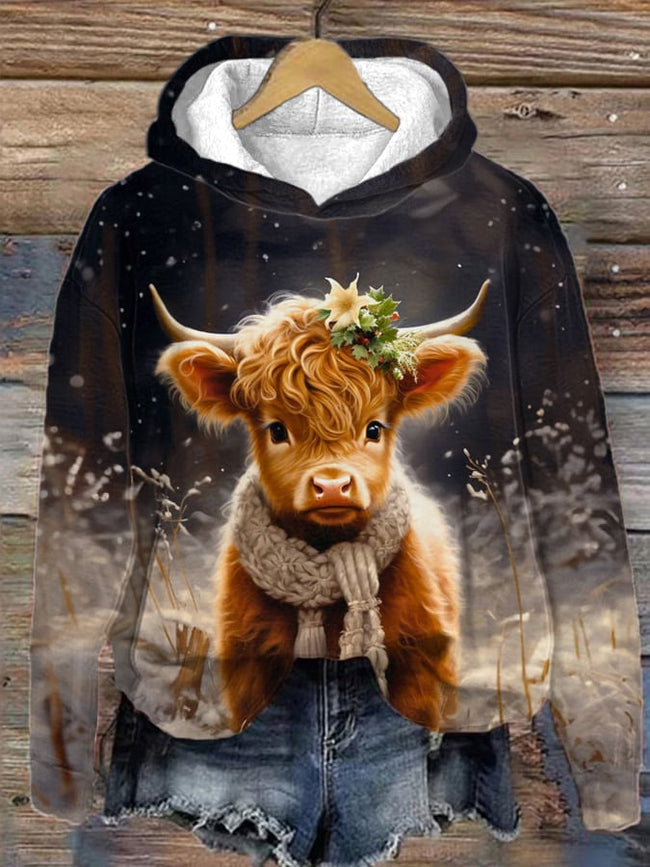 Women's Cute Baby Highland Cow Print Hoodie