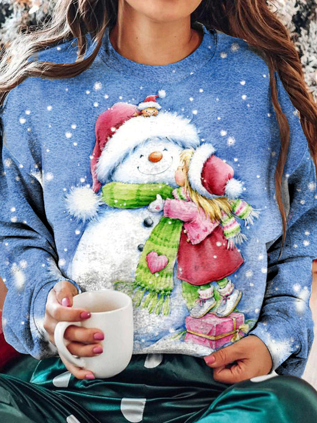 Christmas Snowman Print Crew Neck Long Sleeve Sweatshirt