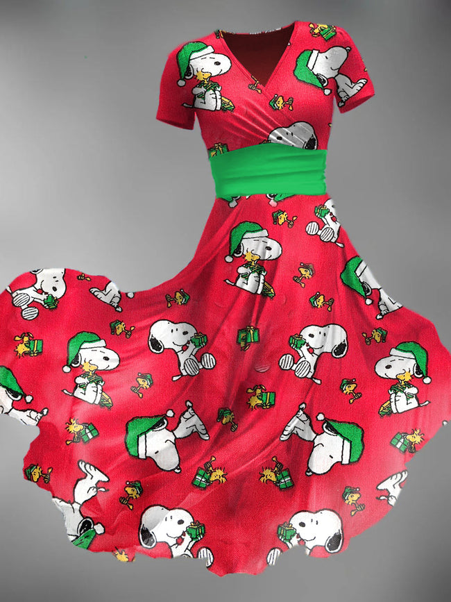 Women's Christmas Cartoon Dog Print Maxi Dress