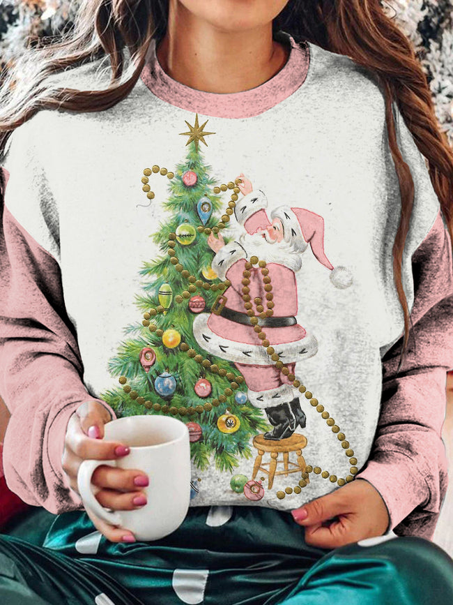 Vintage Christmas Pink Santa Print Crew Neck Long Sleeve Sweatshirt