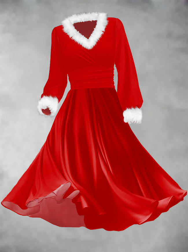 Women's Christmas Faux Fur Lantern Sleeve Maxi Dress