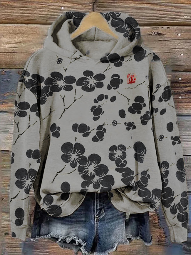 Cherry Blossom Japanese Lino Art Vintage Hoodie