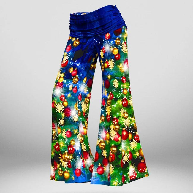Women's Christmas Snowy Night Christmas Tree Print Wide Leg Pants