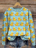Vintage Cute Yellow Duck Print Waffle Fabric Sweatshirt