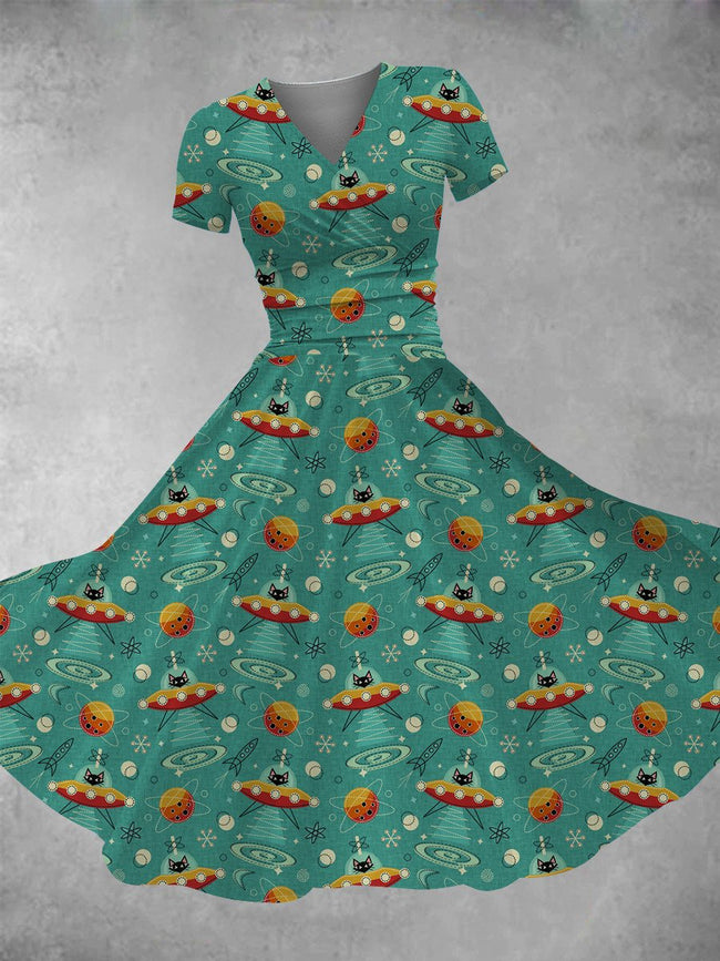 Women's Vintage Space Cat Print Maxi Dress