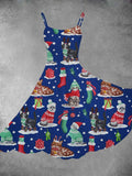 Women's Vintage Christmas Cat Print Two-Piece Dress