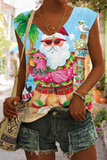 Women's Christmas Santa Surfing Print Sleeveless Tank Top