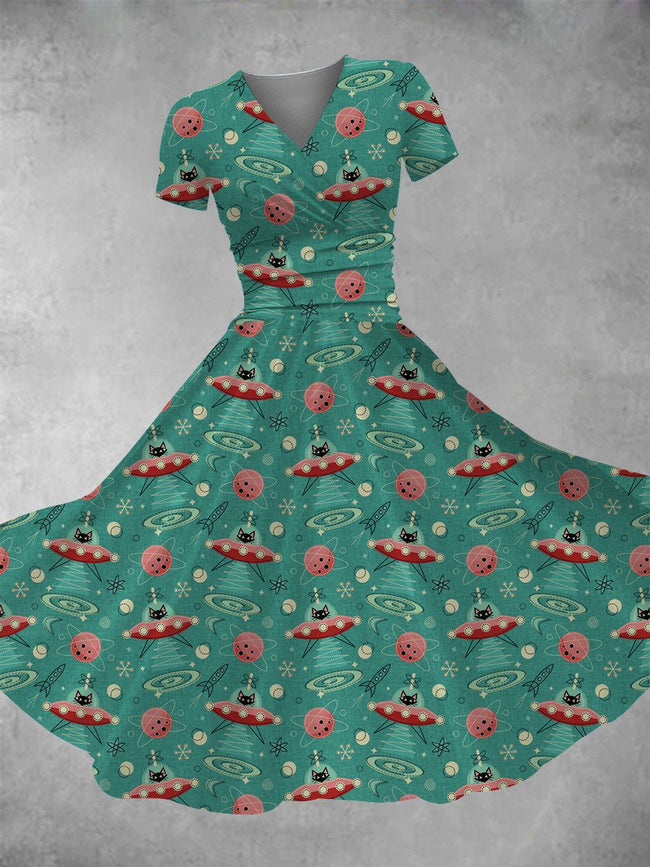 Women's Vintage Space Cat Print Maxi Dress