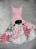 Women's Vintage Pink Winter Christmas Print Two-Piece Dress