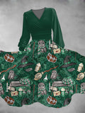 Women's Vintage Halloween Wizard Print Lantern Sleeve Maxi Dress