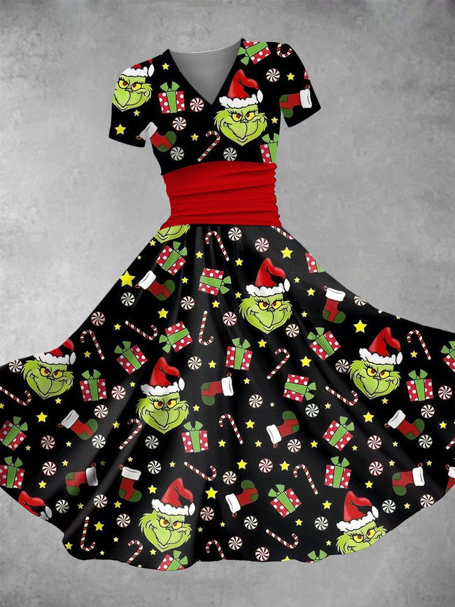 Women's Vintage Christmas Cute Cartoon Print Maxi Dress