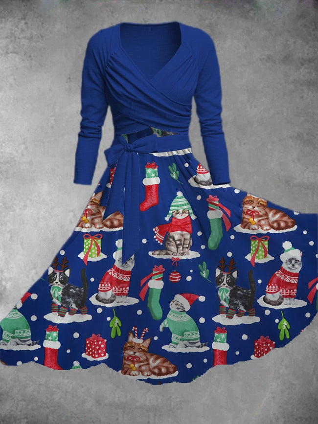 Women's Vintage Christmas Cat Print Two-Piece Dress