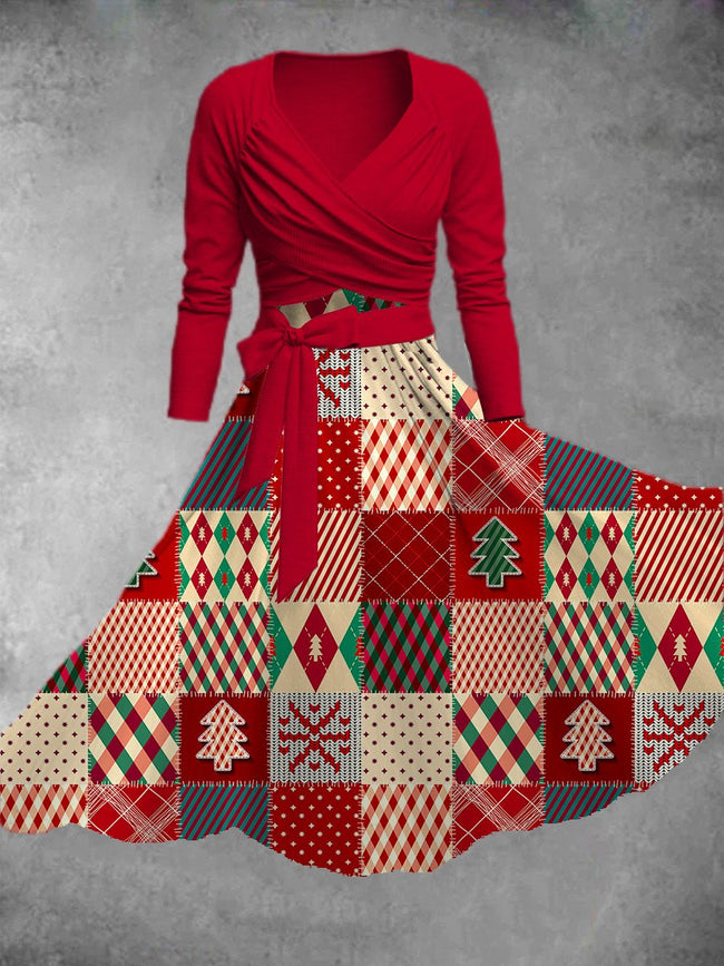 Women's Vintage Christmas Print Two-Piece Dress