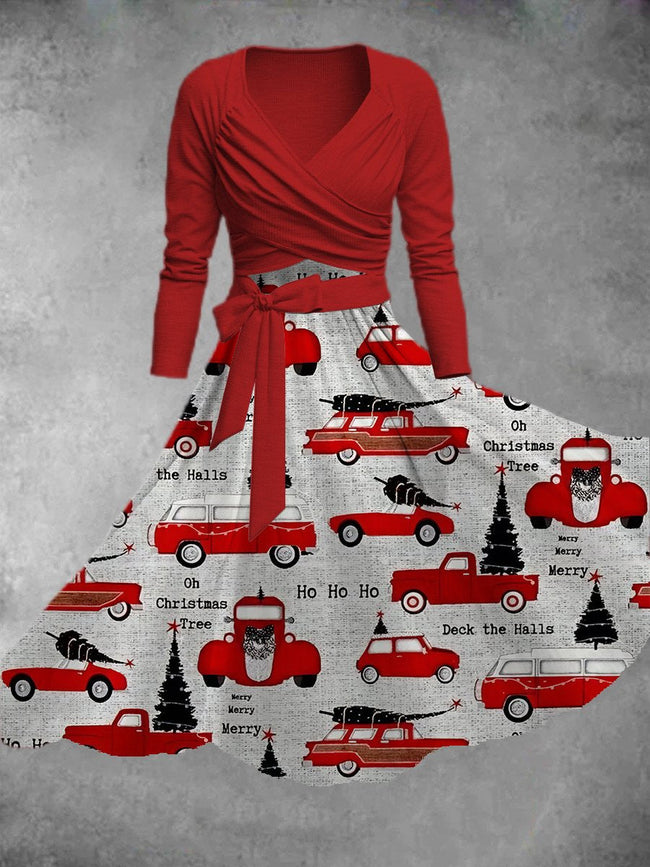Women's Vintage Christmas Car Print Two-Piece Dress