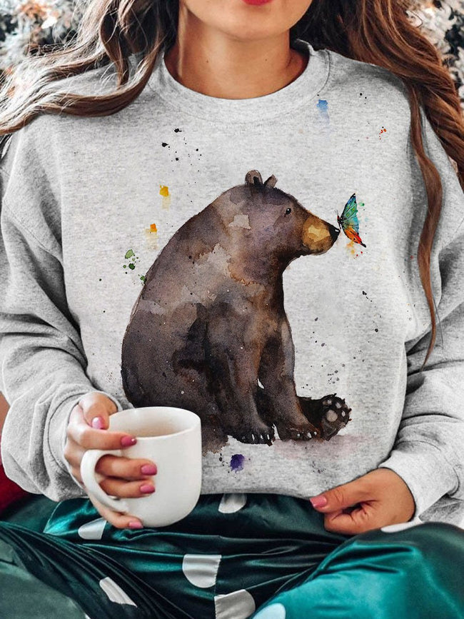 Winter Bear and Butterfly Print Crew Neck Long Sleeve Sweatshirt