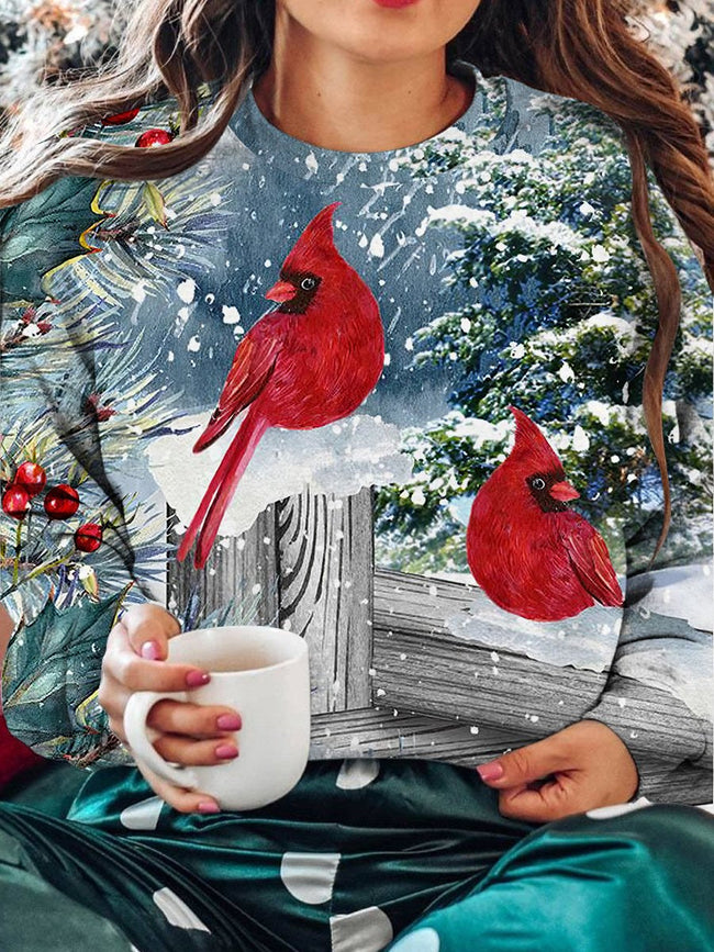 Vintage Christmas Cardinalidae Print Crew Neck Long Sleeve Sweatshirt