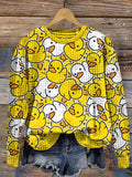 Vintage Cute Yellow Duck Print Waffle Fabric Sweatshirt