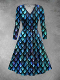 Women's Dragon Scales Print Long Sleeve Midi Dress