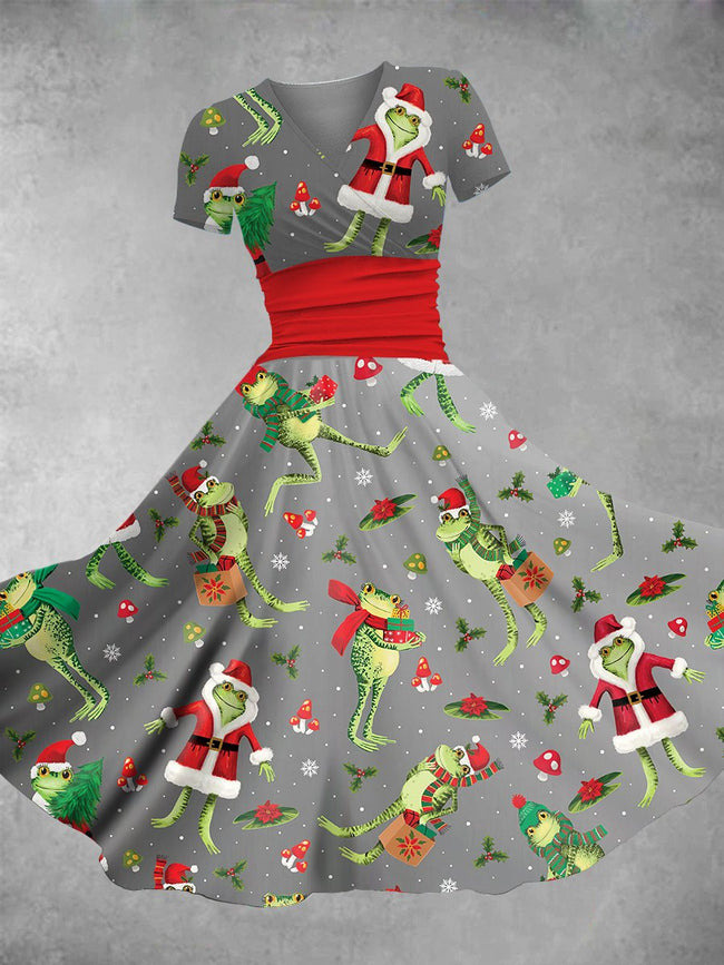 Women's Vintage Christmas Frog Print Maxi Dress