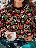 Vintage Christmas Cute Cartoon Print Crew Neck Long Sleeve Sweatshirt