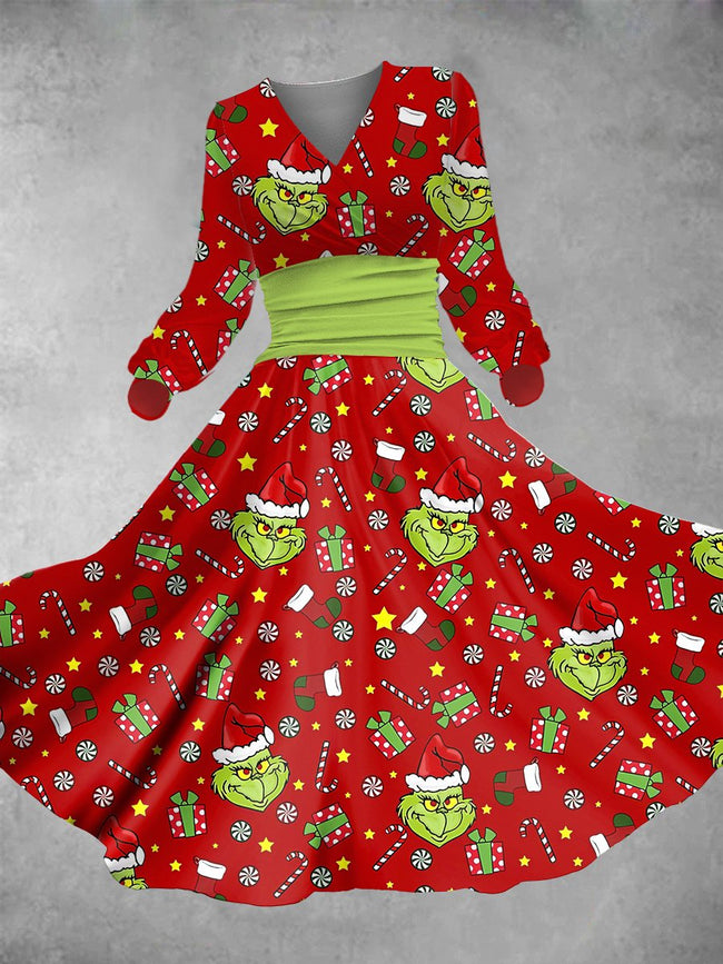Women's Vintage Christmas Cute Cartoon Print Lantern Sleeve Maxi Dress