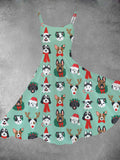 Women's Vintage Christmas Dog Print Two-Piece Dress