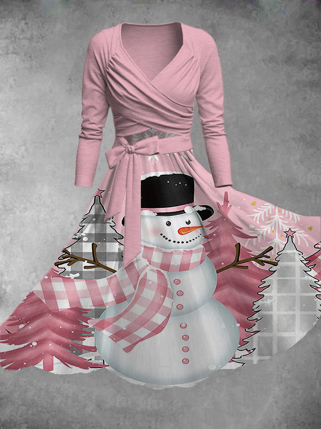 Women's Vintage Pink Winter Christmas Print Two-Piece Dress