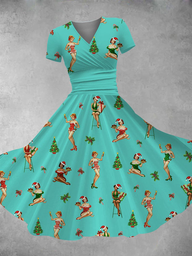 Women's Vintage Christmas Pin-up Girls Print Maxi Dress