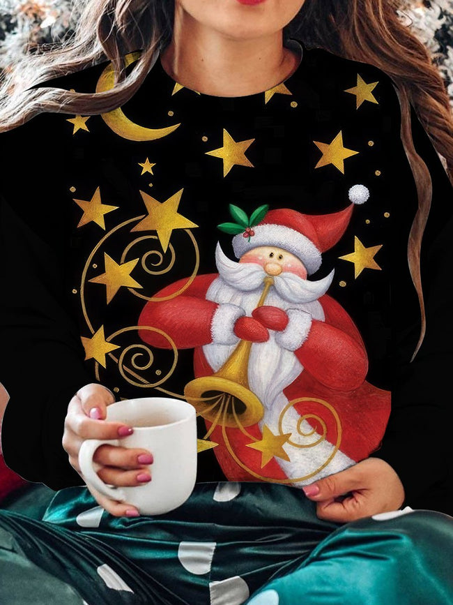 Vintage Christmas Santa Print Crew Neck Long Sleeve Sweatshirt