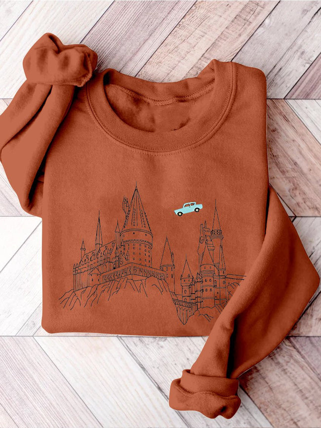Flying Car Wizard Castle Wizardry Magic Car Book Lover Bookish Casual Print Sweatshirt