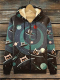 Women's Mid Century Spaceship Cat Print Casual Fleece Track Jacket