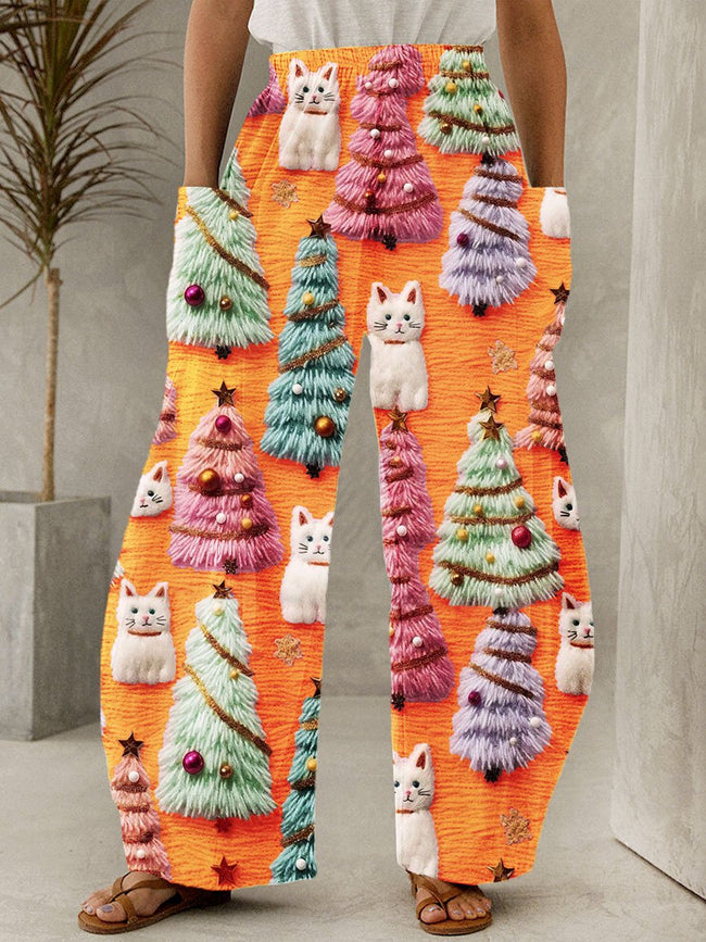 Christmas Tree Cute Cat 3D Print Wide Leg Pants